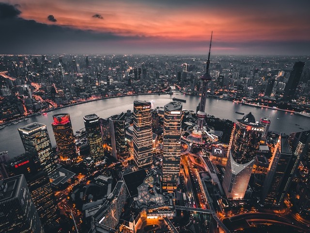 City skyline at dusk