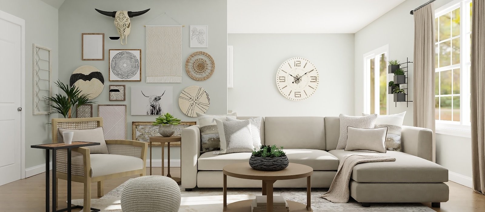 Bright modern living room with white sofas and built-in bookshelves
